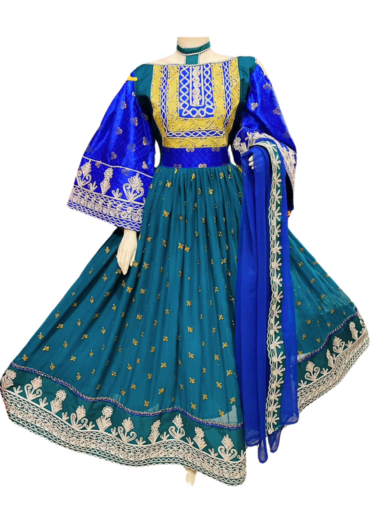 Traditional Afghan Women Long Blue Simple Dress