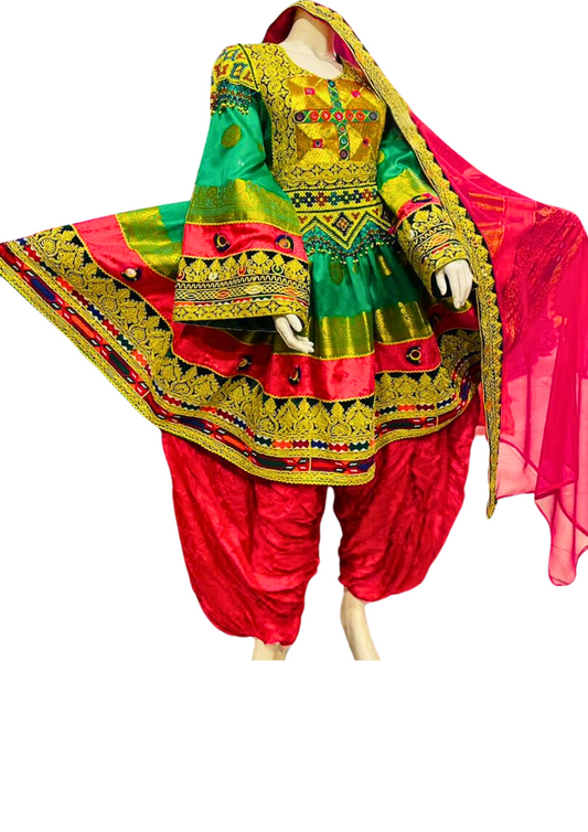 Traditional Afghan Women Red and Green Short Bridal Dress