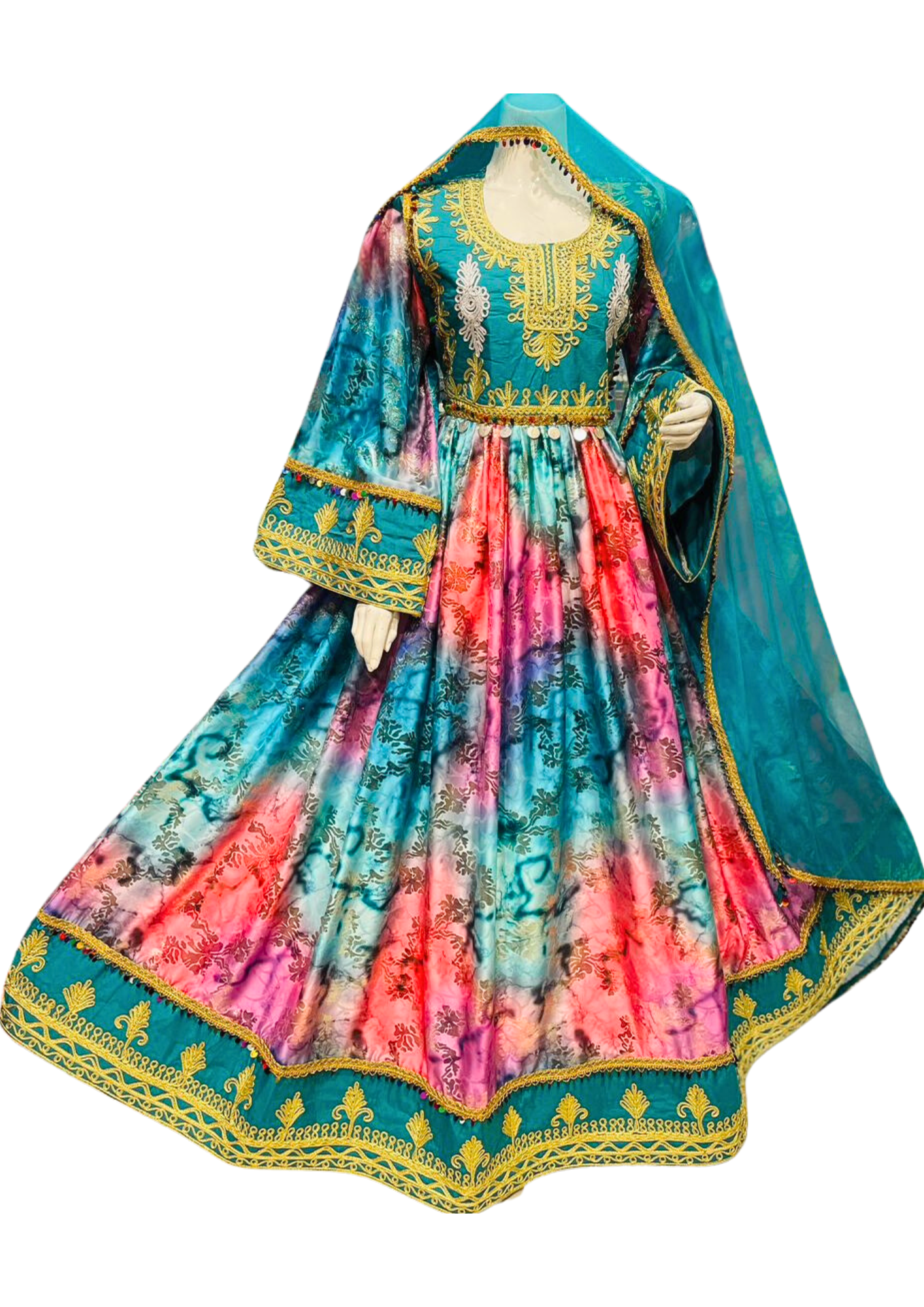 Traditional Afghan Women Long Blue and Pink Simple Dress