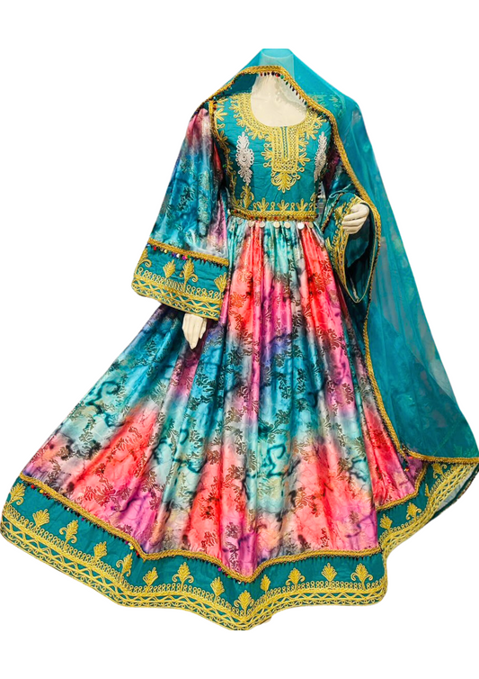 Traditional Afghan Women Long Blue and Pink Simple Dress