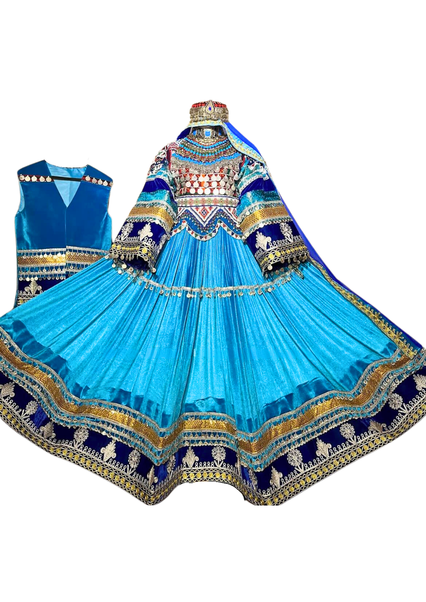 Traditional Afghan Bridal Women Long Blue Kochi Dress With Waskat