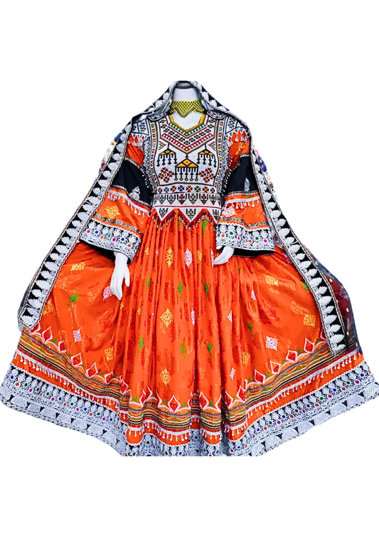 Traditional Afghan Bridal Women Long Orange Kochi Dress