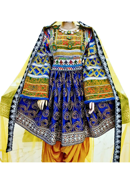 Traditional Afghan Bridal Women Short Blue Kochi Dress