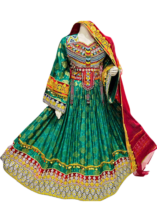 Traditional Afghan Women Green Long Bridal Dress