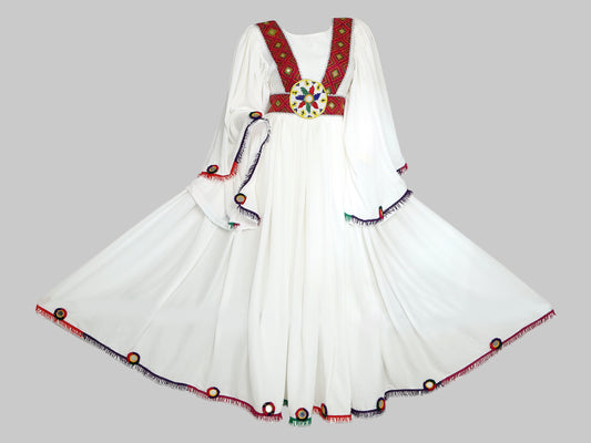 Traditional Afghan Women Long White Simple Dress