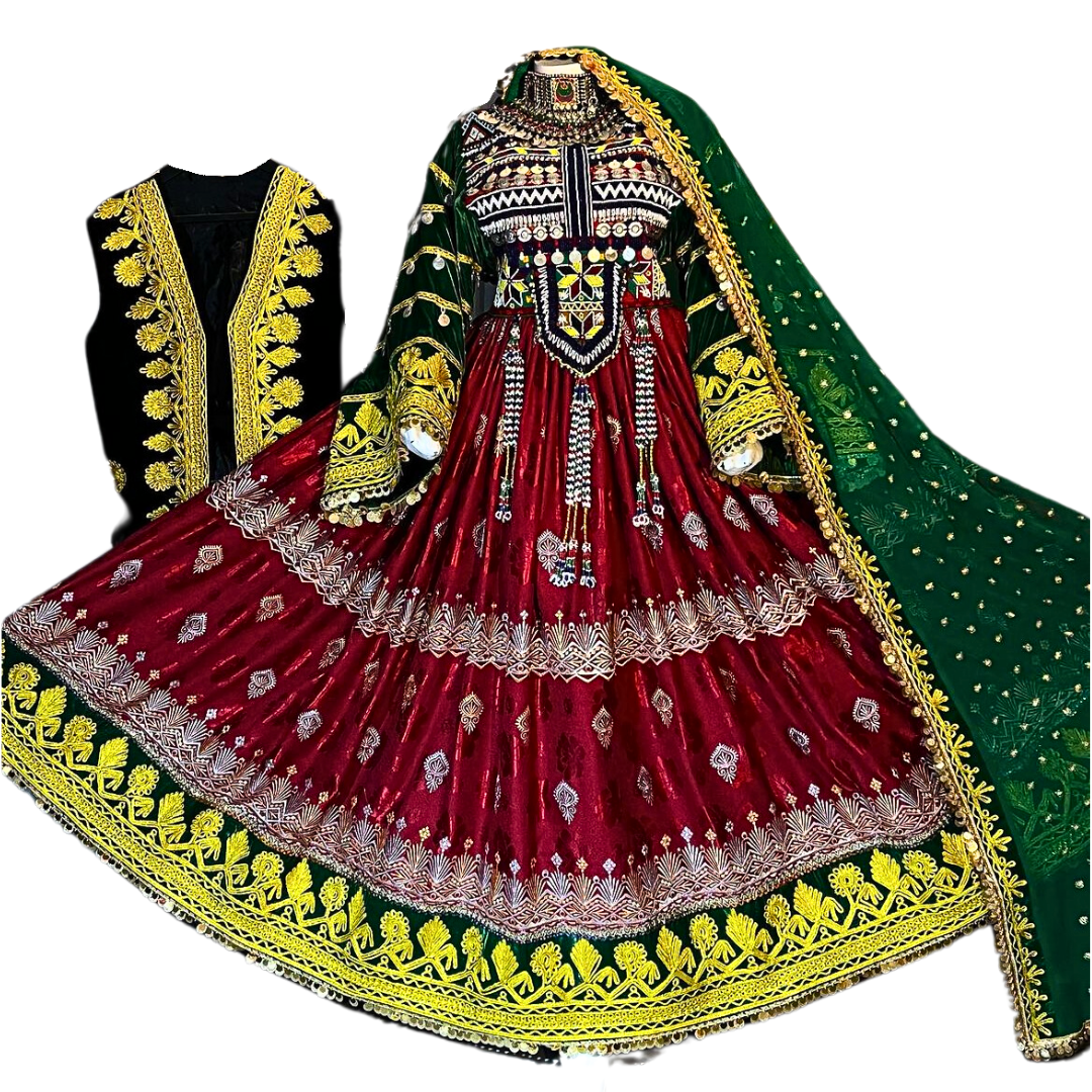 Traditional Afghan Bridal Long Red Velvet Kochi Dress with Waskat