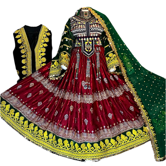 Traditional Afghan Bridal Long Red Velvet Kochi Dress with Waskat